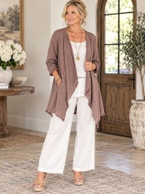 Match Point USA Linen Open Front Lagenlook Jacket Cardigan Raw Edge Mauve Brown